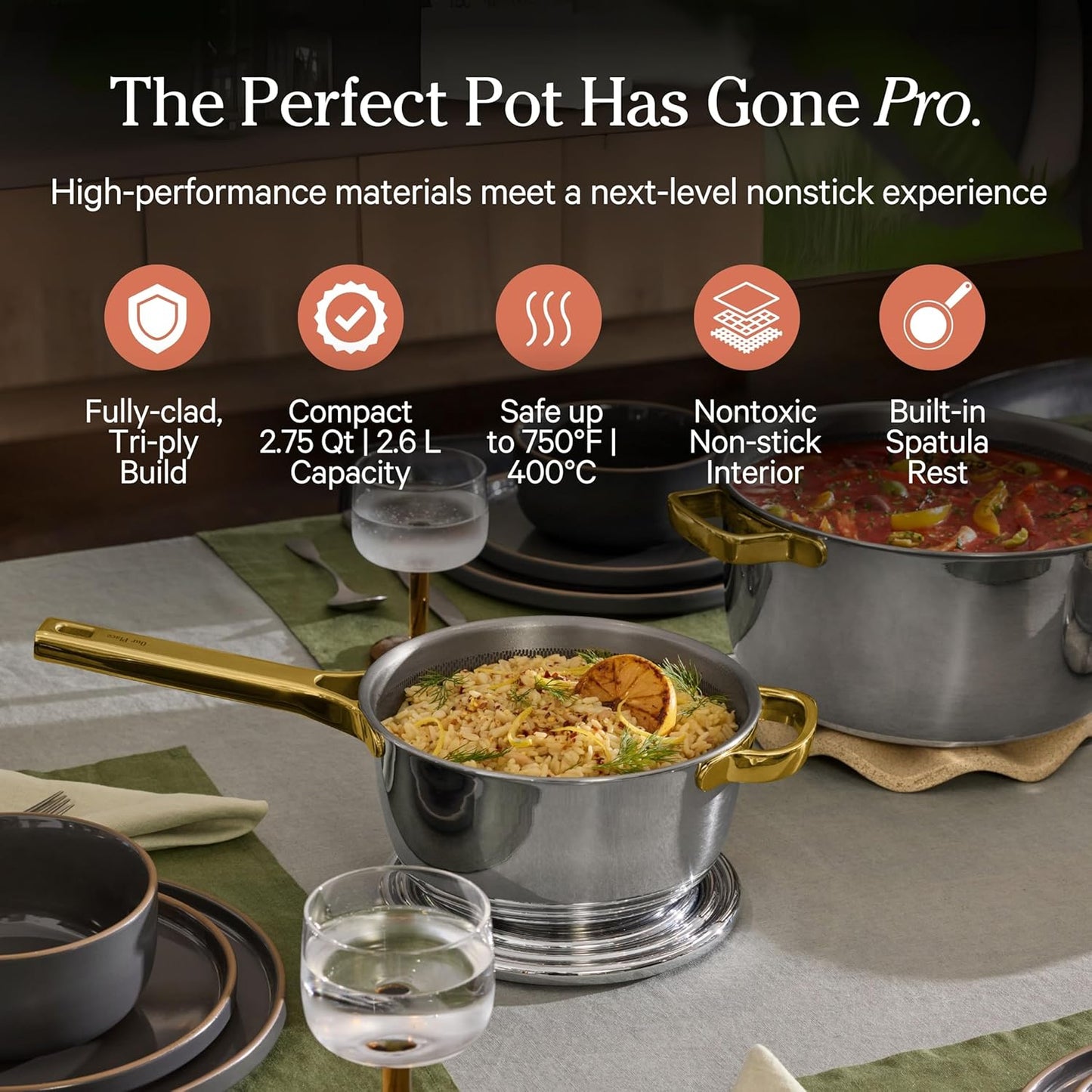 Our Place Titanium Mini Perfect Pot Pro - 2.75 Qt No-Coating Nonstick Pot | Tri-Ply Titanium & Stainless Steel | Oven-Safe up to 750°F & Compatible with All Cooktops | Gold