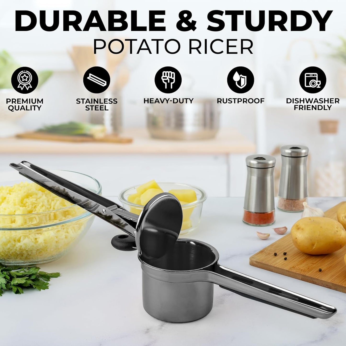 Zulay Kitchen Premium Large 15oz Potato Ricer, Heavy Duty Professional Stainless Steel Potato Masher and Ricer Kitchen Tool, Press and Mash Kitchen Gadget - Metallic Black