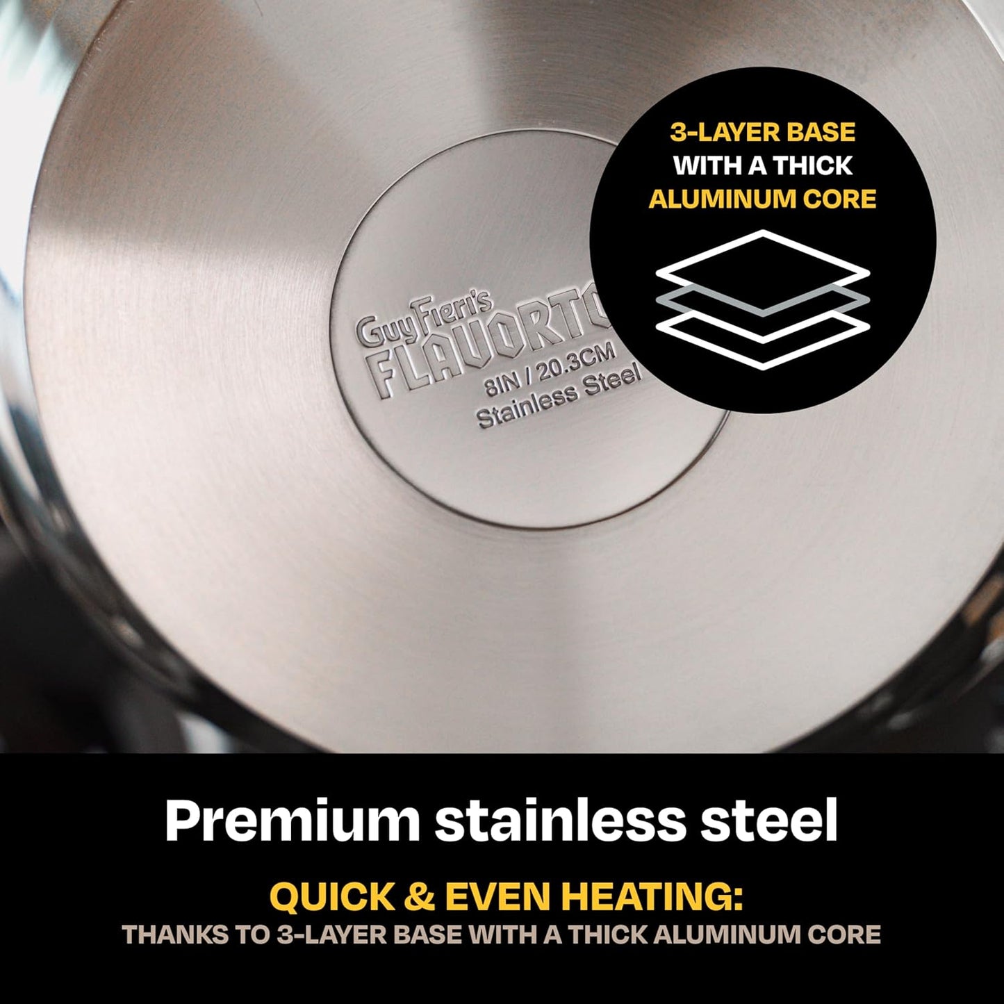 Guy Fieri's Flavortown 3.2-Quart Stainless Steel Sauce Pan with Tempered Glass Lid - Kitchen Cookware with Tri-Ply Base, Oven Safe to 500°F, Dishwasher Friendly, Works with Gas & Induction Cooktops