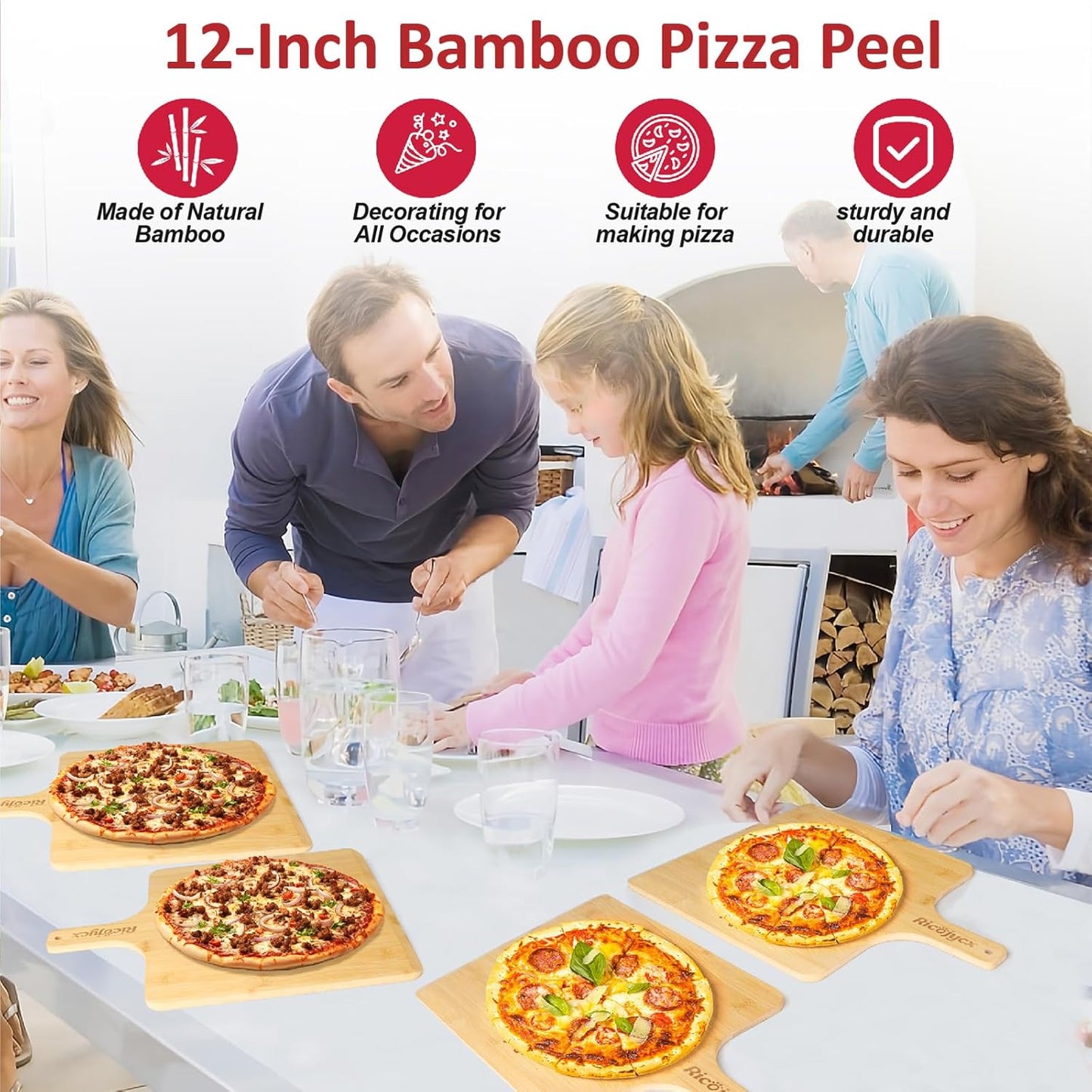 Multilayer Bamboo Pizza Peel Rack, Contain 4 x 12 Inch Non-Stick Bamboo Pizza Boards, Pizza Paddle Stand for Easy Storage and Baking Multiple Pizzas and Bread