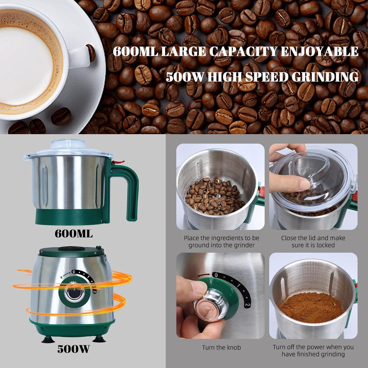 Versatile Kitchen Grinder | 500W Electric Mill | Grinds Spices, Nuts, Grains, Coffee | 3 Stainless Steel Blades | Wet & Dry Use (Black)