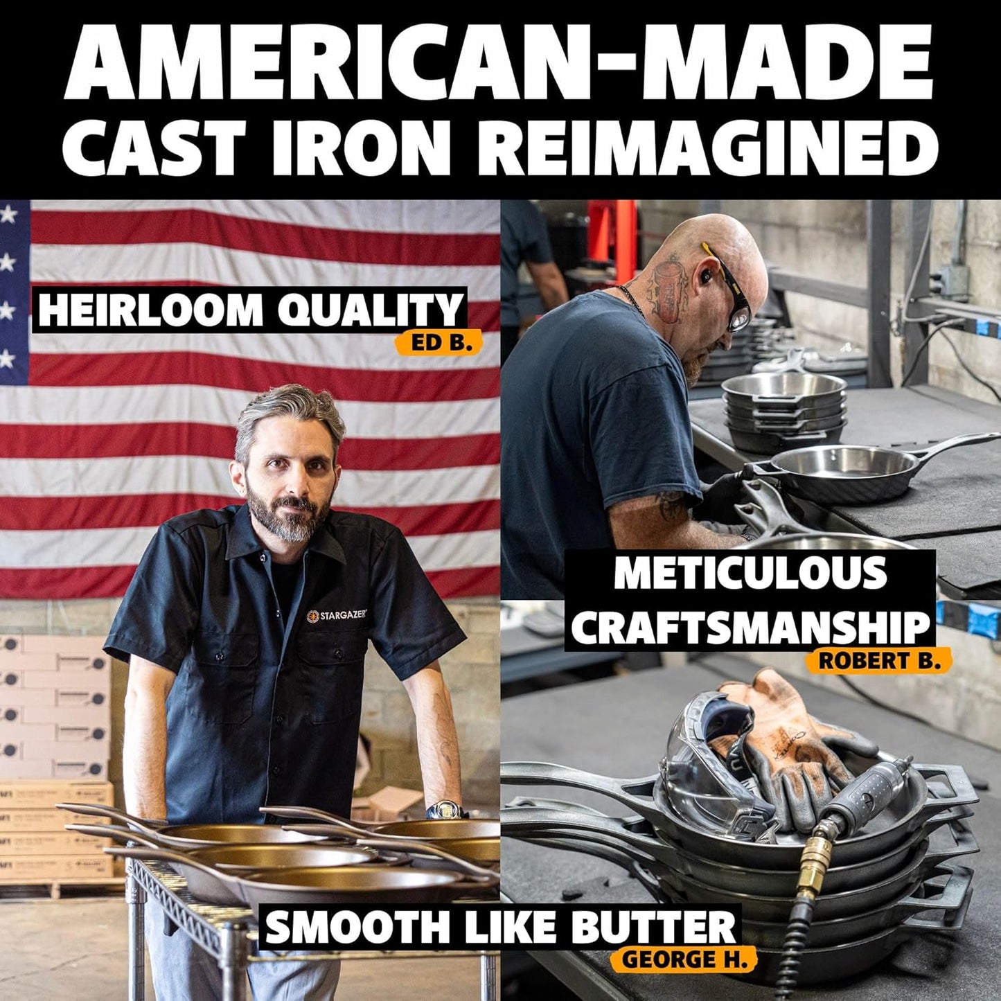 Stargazer 12-Inch Cast Iron Skillet | Made in USA, Seasoned, Premium Frying Pan for Grilling, Searing, Baking & More – Durable Cast Iron with Smooth Cooking Surface