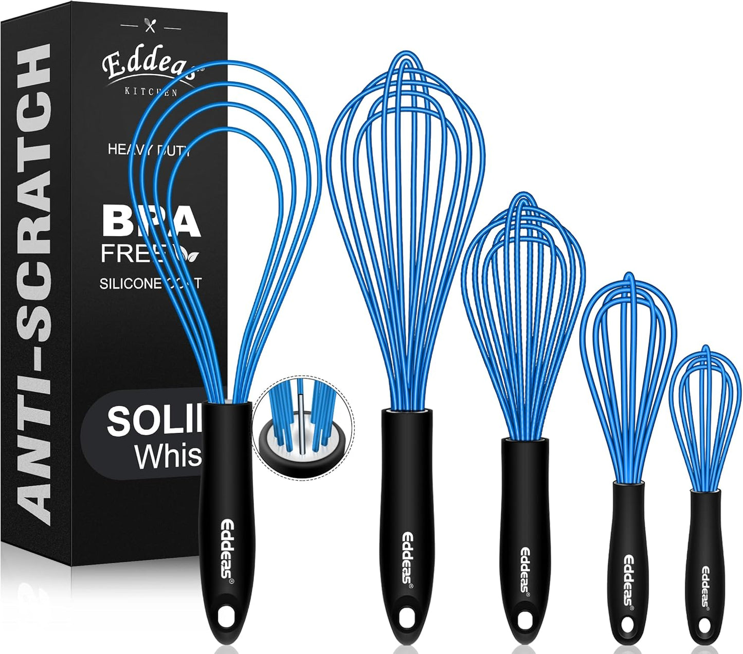 Silicone Whisk, Whisk Non Scratch Whisk for Cooking, 5+7+9+11in Balloon Whisk, Suitable for Mixing, Blending. 11in Flat Whisk great for Ceramic Coated pans and Wider shallower pots. (Blue)