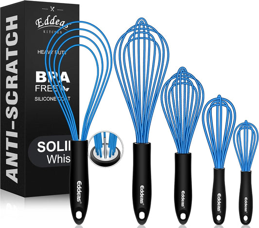Silicone Whisk, Whisk Non Scratch Whisk for Cooking, 5+7+9+11in Balloon Whisk, Suitable for Mixing, Blending. 11in Flat Whisk great for Ceramic Coated pans and Wider shallower pots. (Blue)