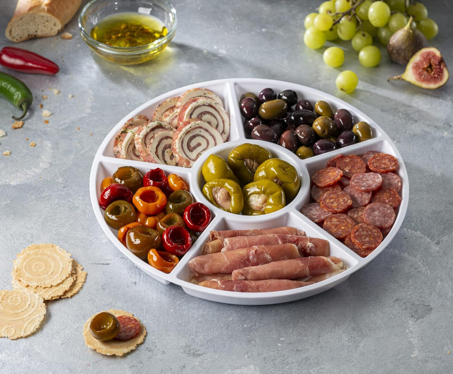 Plasticpro 6 Sectional Round Plastic Serving Tray/Platter (8, White)