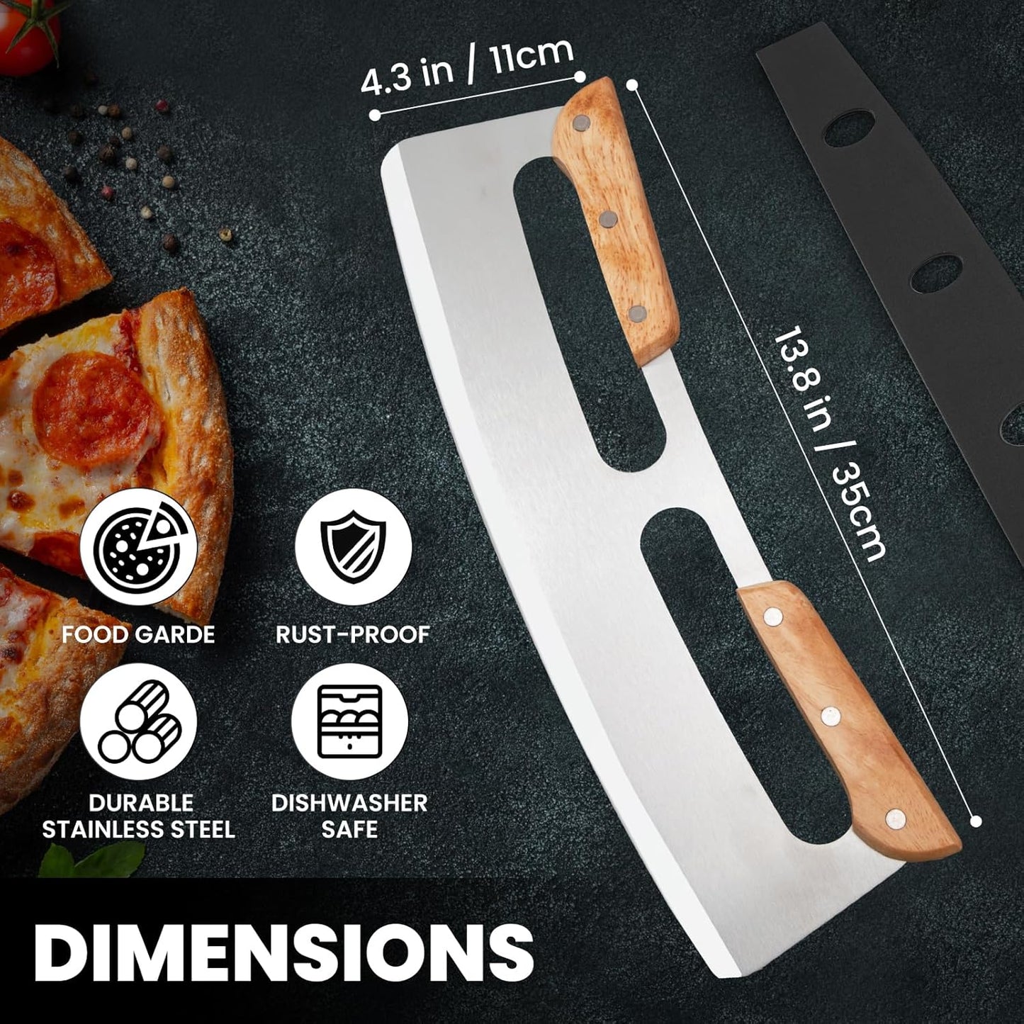 SCHVUBENR 14'' Pizza Cutter Rocker with Large Cover - Sharp Stainless Steel Pizza Slicer with Wooden Handles - Large Pizza Knife Cutter Wheel - Easy to Use & Clean - Slice Pizza with Ease