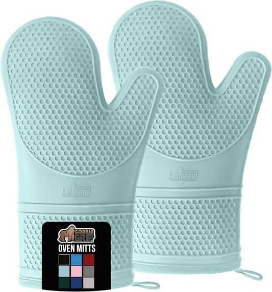 GORILLA GRIP BPA-Free Soft Silicone Oven Mitts, Heat Resistant and Waterproof Cooking Gloves, Thick Cotton Lining, Flexible Gripping for Baking Grilling, Kitchen Potholders Set of 2, 12.5x8.3, Mint