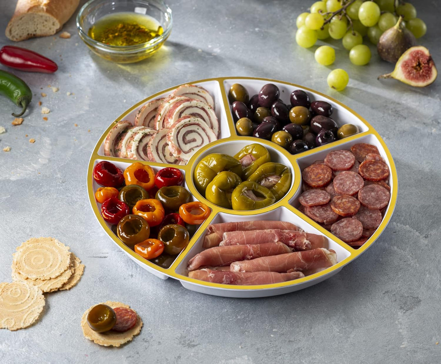 Plasticpro 6 Sectional Round Plastic Serving Tray/Platter (2, White & Gold)