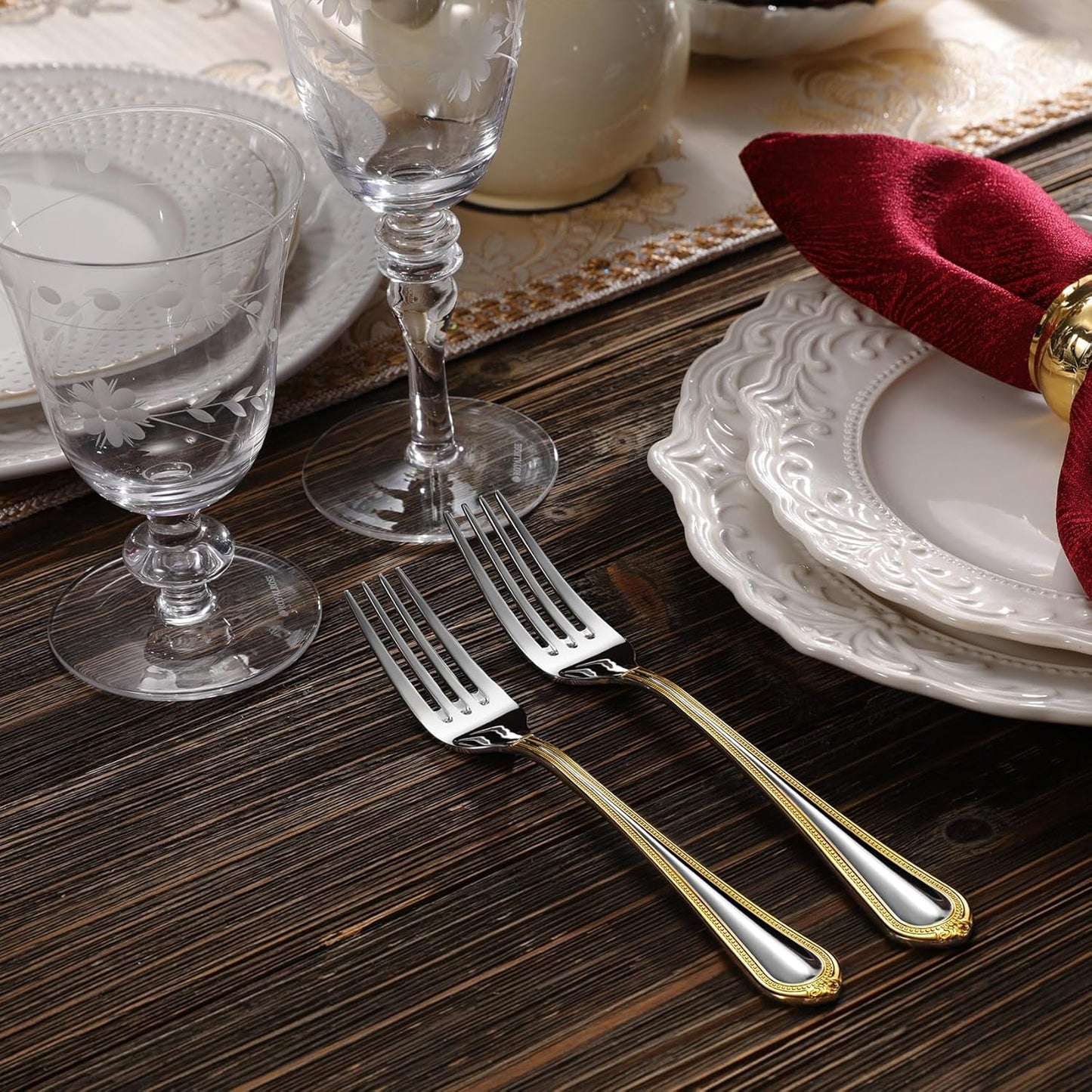 KEAWELL Pearl Edge Premium 65-Piece Refined Bead Silverware Set, 18/10 Stainless Steel, Service for 12, Fine Flatware Set with Serving Utensils, Dishwasher Safe (65, Gold Accent)