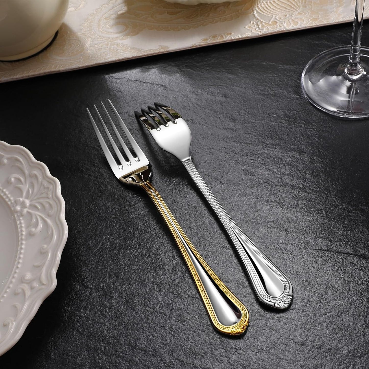 KEAWELL Pearl Edge Premium 45-Piece Refined Bead Silverware Set, 18/10 Stainless Steel, Service for 8, Fine Flatware Set with Serving Utensils, Dishwasher Safe (45, Gold Accent)