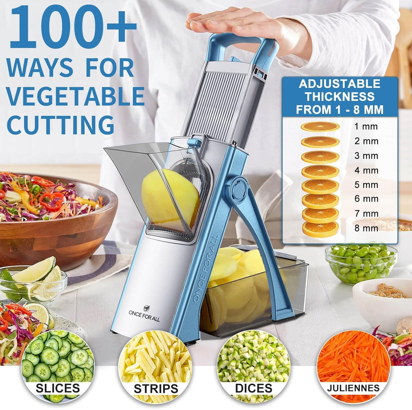 ONCE FOR ALL Upgrade Safe Mandoline Slicer Plus, Biger Size, Adjustable Vegetable Food Chopper Potato Fries Cutter, Detachable Blade, Kitchen Chopping Artifact, Gift (SkyBlue)