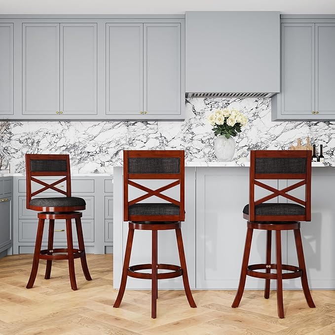 DTY Indoor Living Meeker X Back Fabric Swivel Stool, 30” Bar Height, Cherry Finish, Charcoal Fabric Seat