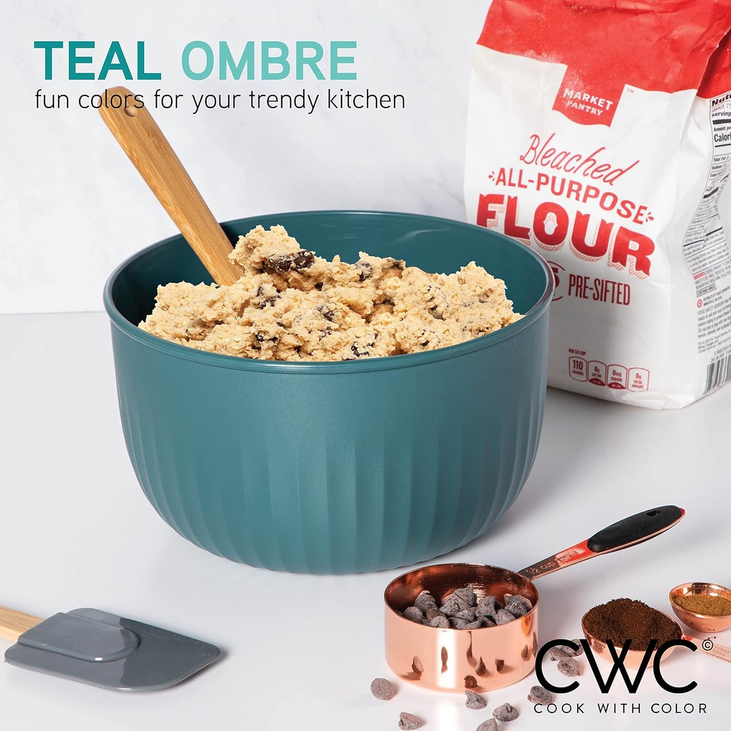 COOK WITH COLOR 4pc Plastic Mixing Bowl Set with Lids (Teal Ombre, 210 ml, 550 ml, 1150 ml, 3500 ml) - Sturdy, Nesting, BPA Free, Dishwasher Safe, Food Safe, Bowls for Cooking and Baking