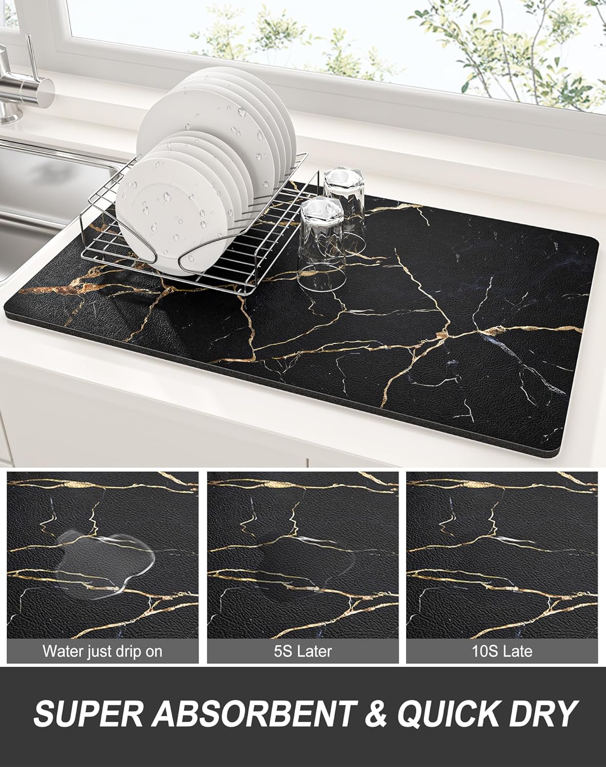 Rnivvi Dish Drying Mat for Kitchen Counter, XL 15 x 24" Cute Marble Absorbent Draining Pad, Non-Slip Heat Resistant Coffee Bar Mats for Coffee Machine Station Accessories, Black Gold Dish Rack Pad