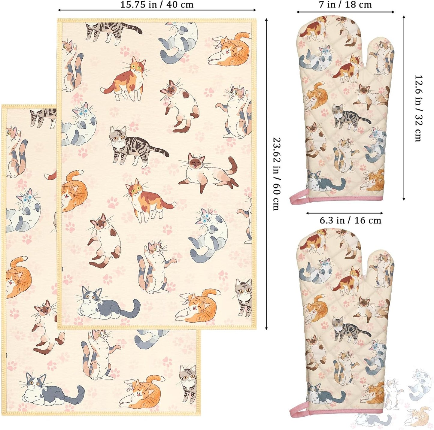 Cute Cat Kitchen Towels and Oven Mitts Set 4Pcs, Soft Absorbent Dish Cloth Heat Resistant Oven Gloves for Cooking Baking Kitchen Decoration, Gifts for Her