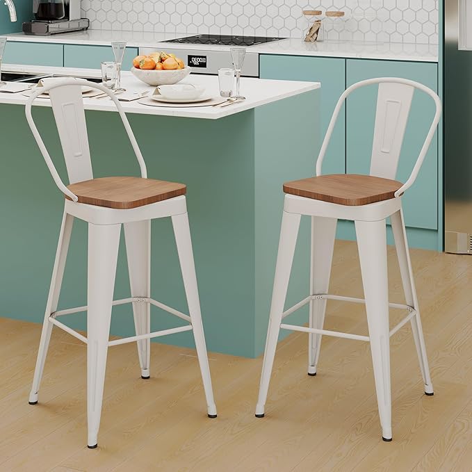 Aklaus Swivel Metal Bar Stools 30 inch Swivel Bar Height Barstools Set of 2 Modern Farmhouse Bar Chairs with High Backs and Large Wooden Seat for Kitchen Island Dining Room Cream White