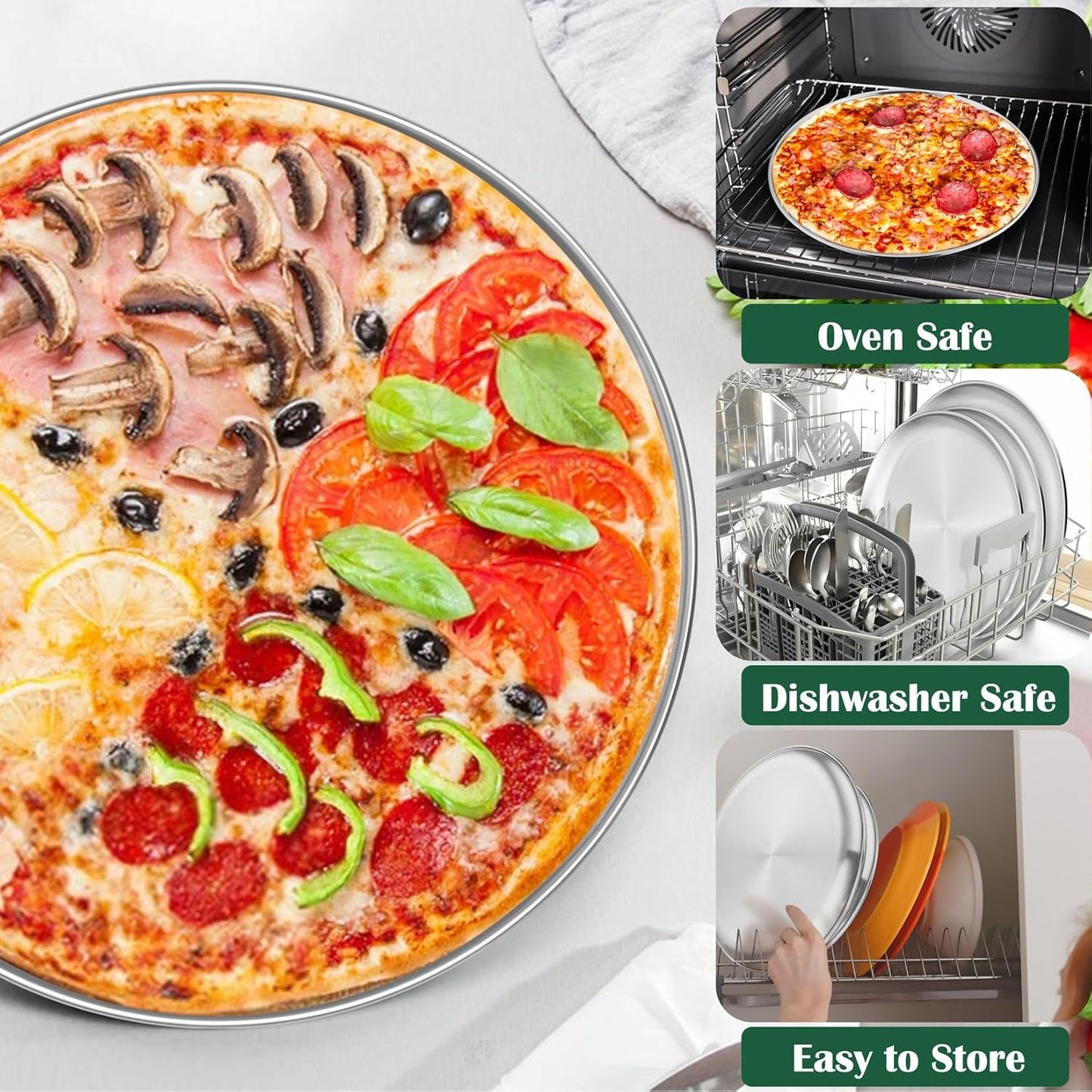 P&P CHEF 12 + 12 + 13.5 Inch Pizza Pan, 3 Pieces Stainless Steel Round Pizza Tray Dish Plate For Oven Baking Roasting, Healthy & Heavy Duty, Rust Free & Dishwasher Safe -Silver