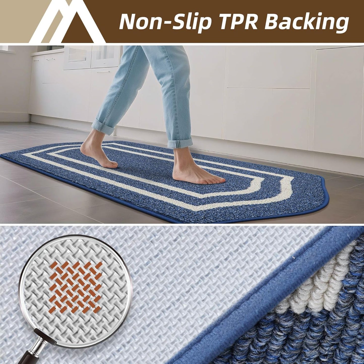 COSY HOMEER Long Kitchen Floor Mats for in Front of Sink Super Absorbent Kitchen Rugs and Mats 24"x59" Non-Skid Kitchen Mat Standing Mat Washable,Polypropylene,Blue,Frame
