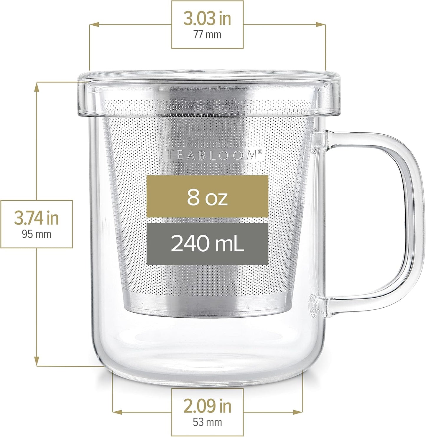 Teabloom Premium Borosilicate Glass Mug with Stainless Steel Loose Leaf Tea Infuser and Lid/Dish - 8 Ounces (240 mL)