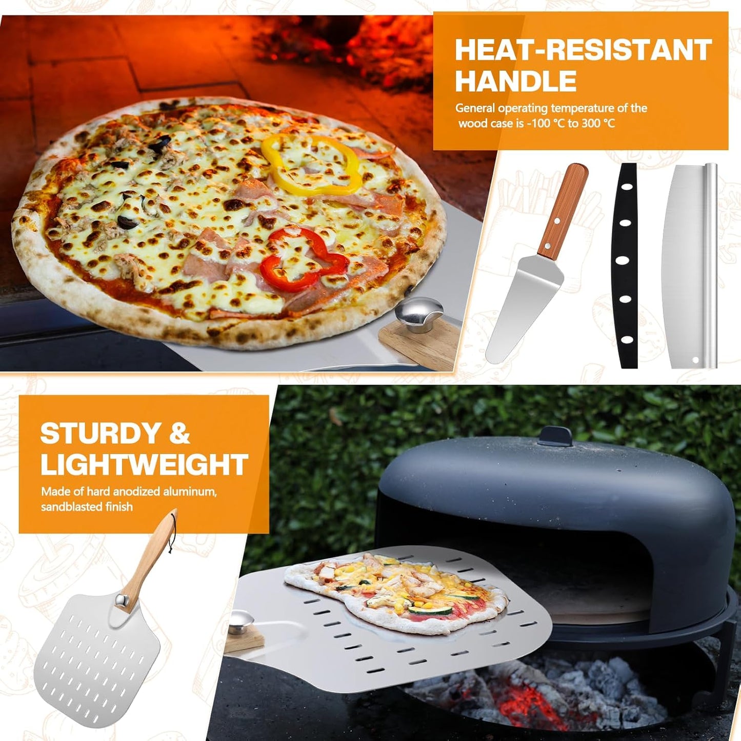 Perforated Pizza Peel 12 x 14 Inch Paddle Spatula with Foldable Handle Pizza Cutter Rocker 14'' Blade and Metal Spatula for Family Oven Accessories and Chopper Knife Tools