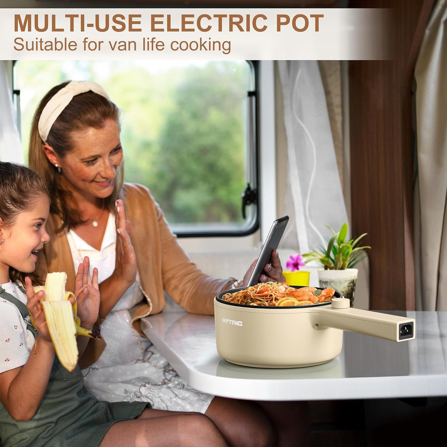 HYTRIC Hot Pot Electric with Steamer, 1.5L Portable Non-stick Frying Pan, Electric Cooker for Steak, Egg, Pasta, Ramen Cooker with Dual Power Control, Electric Pot for Office, Dorm, Camping, Yellow