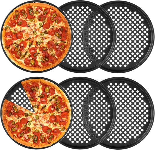6PCS Pizza Pan with Holes 12 inch Round Pizza Pan Set Nonstick Pizza Baking Pan Carbon Steel Pizza Tray Black Pizza Crisper Pan for Home Baking Kitchen
