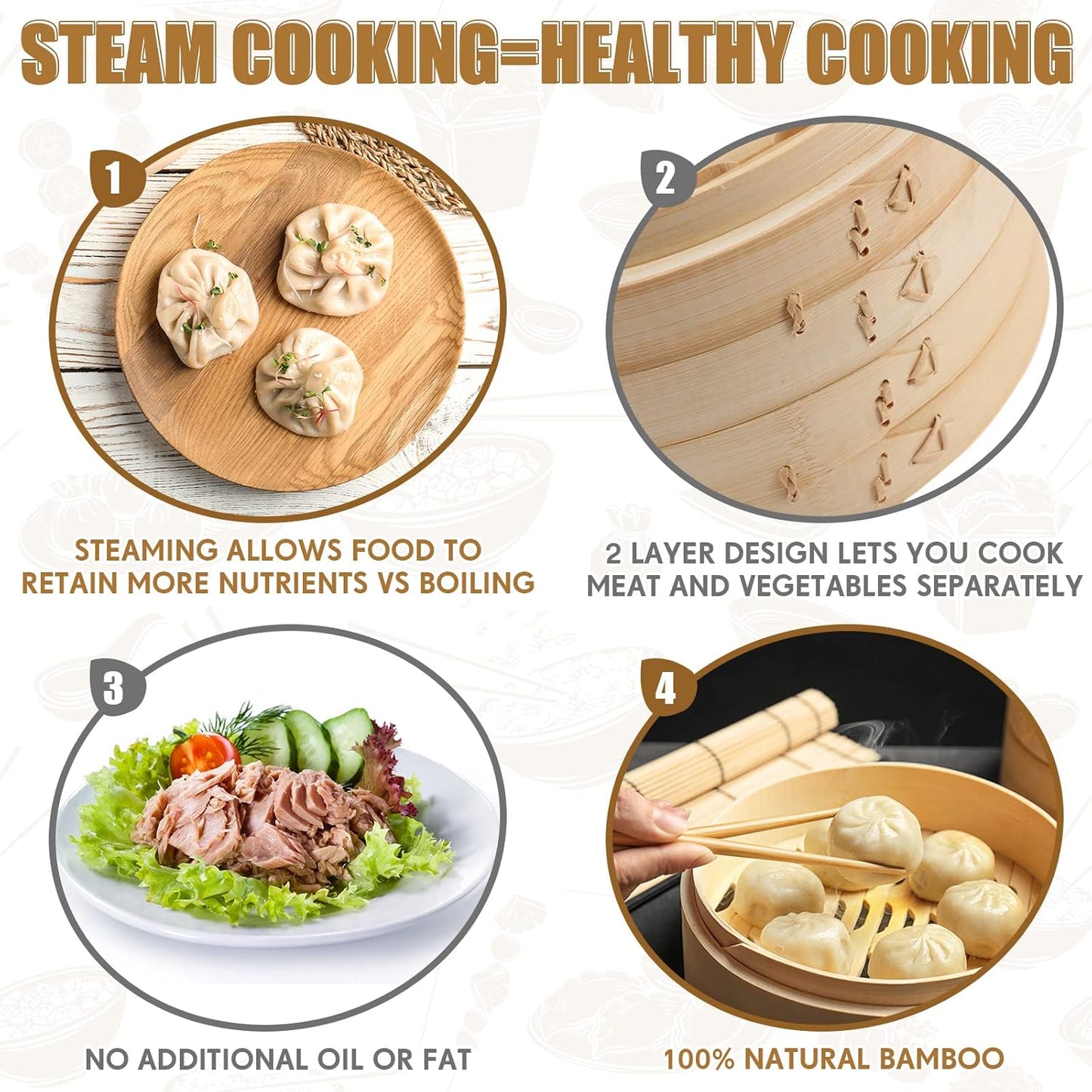 Tessco for you 59 Pcs 2 Tier 12 Inch Bamboo Steamer Basket Set Including Bamboo Steamer Stainless Steel Ring Dumpling Maker Mold and Cutter Spoon 2 Pair Chopsticks 2 Sauce Dish 50 Paper Liners