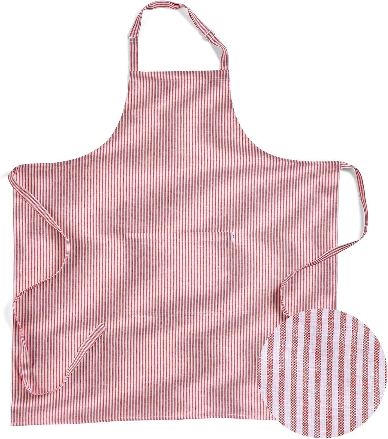Solino Home 100% Pure Linen Apron for Women & Men - Red and White Stripe Full Midi Bib Apron, Adjustable Neck Strap with Center Pockets for Kitchen, Chef - Handcrafted from European Flax