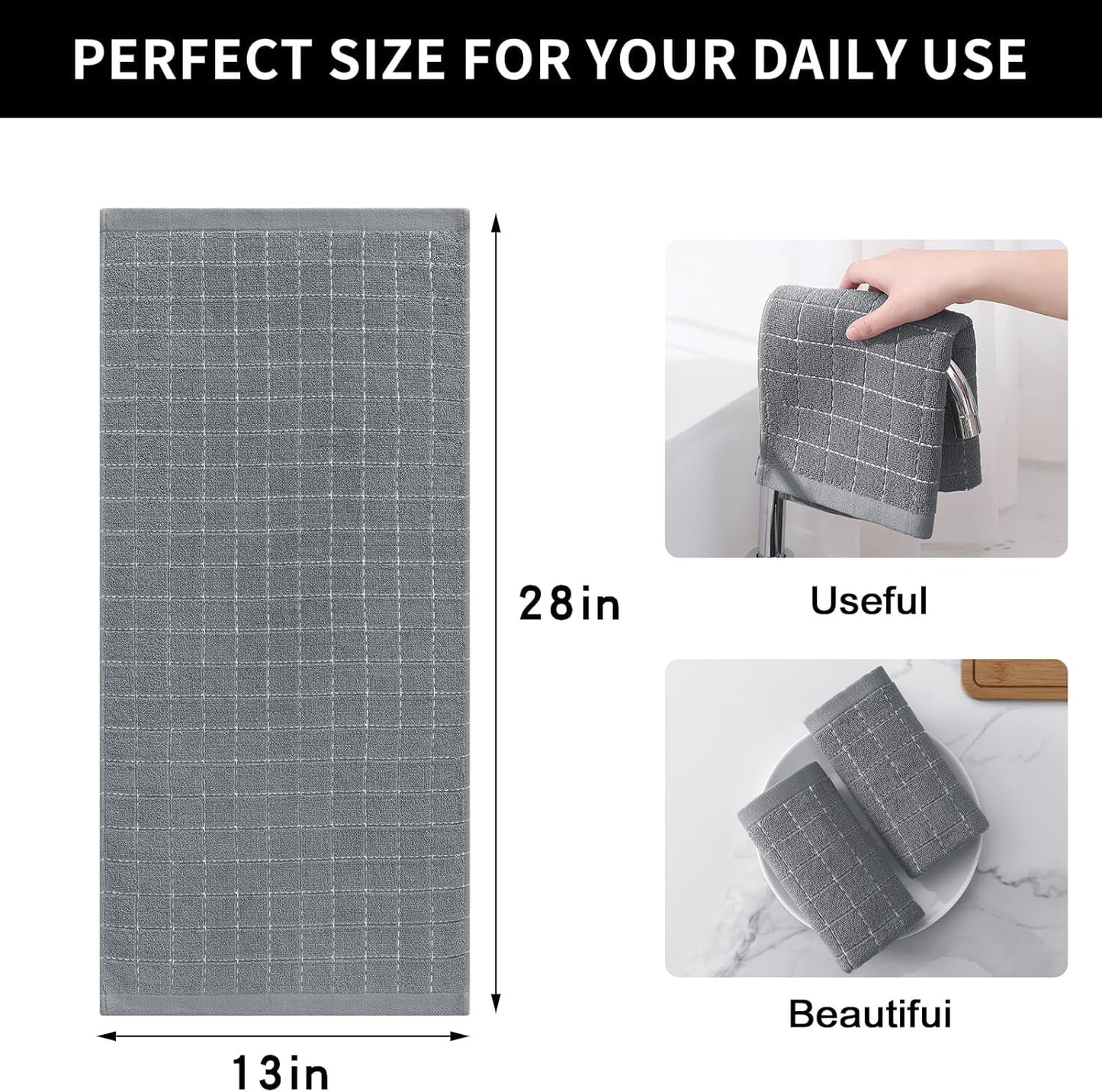 Homaxy 100% Cotton Terry Kitchen Towels(Grey, 13 x 28 inches), Checkered Designed, Soft and Super Absorbent Dish Towels, 6 Pack