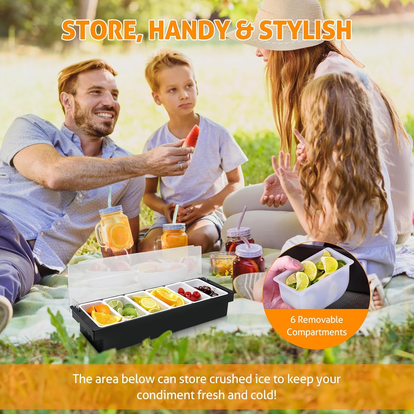 WICHEMI Fruit, Veggie & Condiment Caddy with Lid Dispenser Tray Plastic Garnish Station for Bartending & Serving Taco, Ice Cream, Salad Bar - Topping Organizer for Restaurant Supplies (6 Compartment)