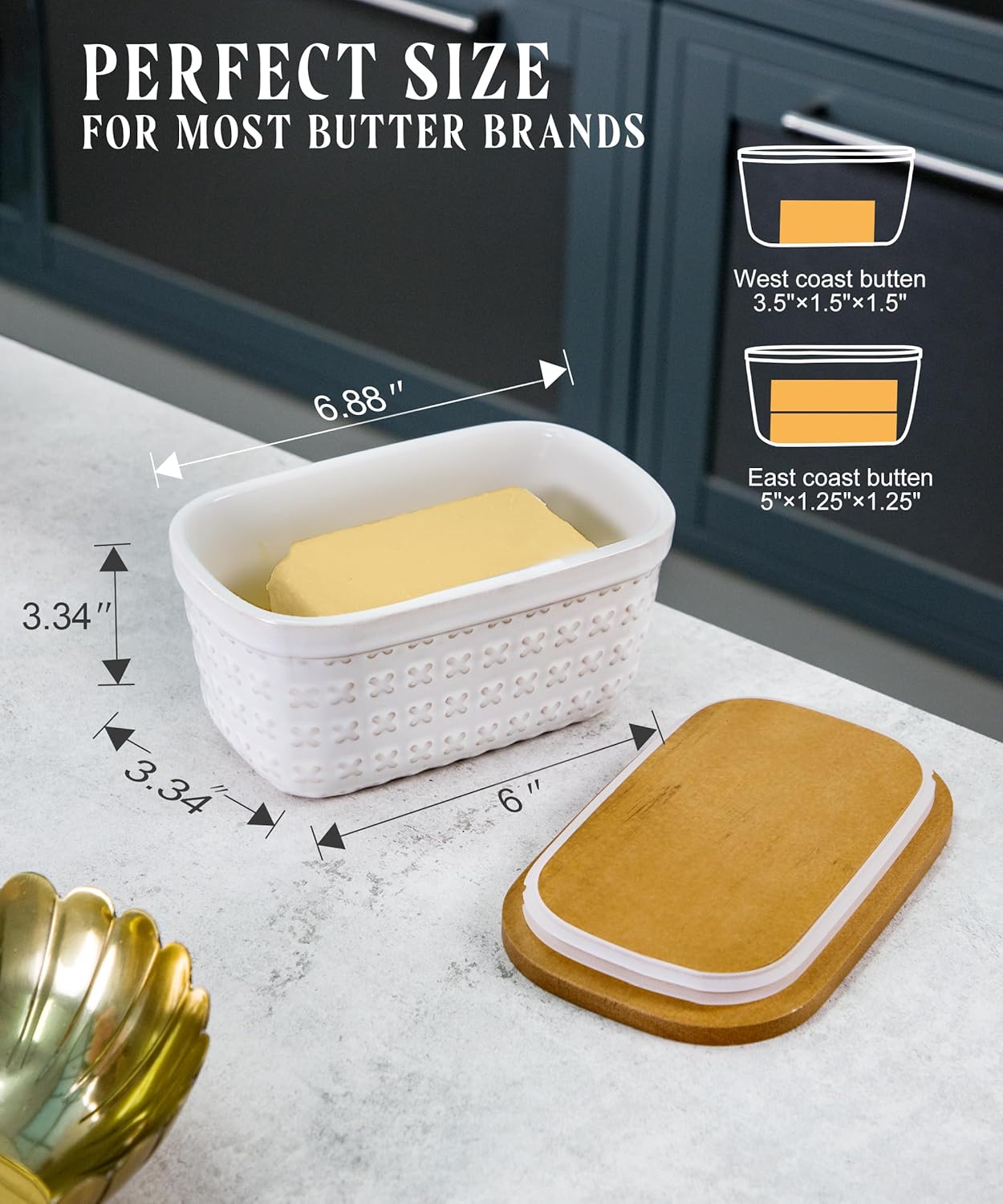 Nucookery Ceramic Butter Dish, Embossed Butter Keeper with Wood Lid for Countertop, Butter Holder and Container with Double Silicone Seal (Cross Pattern)
