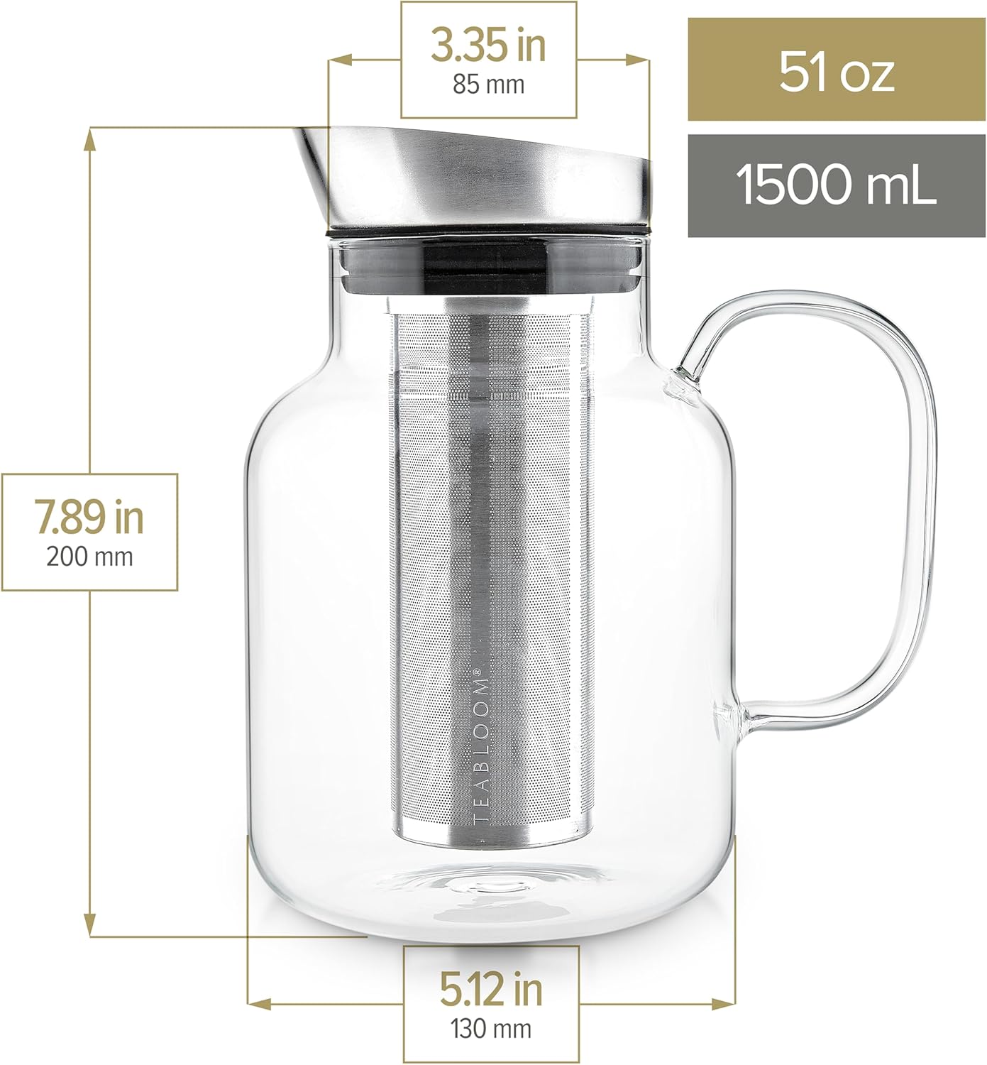 Teabloom Large Multi-Brew Borosilicate Glass Teapot + Kettle + Pitcher – Steep and Serve Hot Tea, Iced Tea, Cold Brew Tea and Fruit Infused Water – Legacy Tea Maker (51 OZ or 85 OZ)
