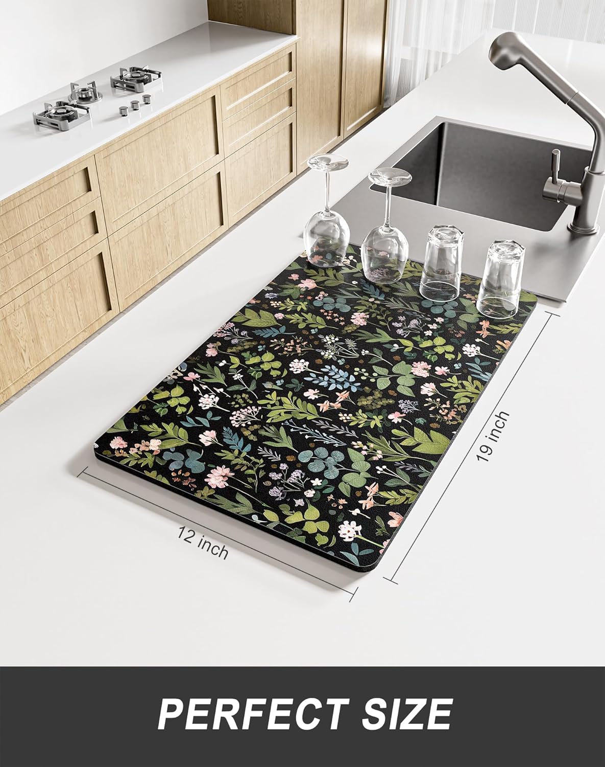 Rnivvi Dish Drying Mat for Kitchen Counter, 12 x 19" Cute Flower Theme Super Absorbent Draining Pad, Non-Slip Heat Resistant Coffee Bar Mat for Coffee Machine Station Accessories, Black Dish Rack Pad