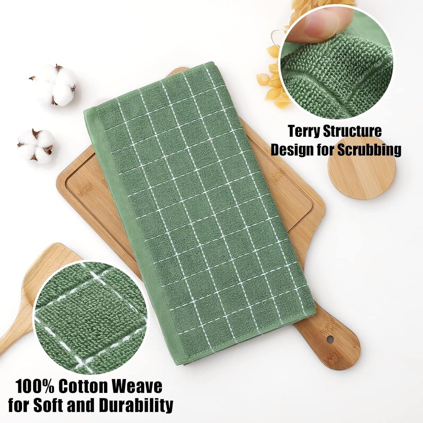 Homaxy 100% Cotton Terry Kitchen Dish Cloths, Ultra Soft and Absorbent Dish Towels for Kitchen, Suitable for Drying and Washing Dishes, 12 Pack, 12 x 12 Inches, Grass Green