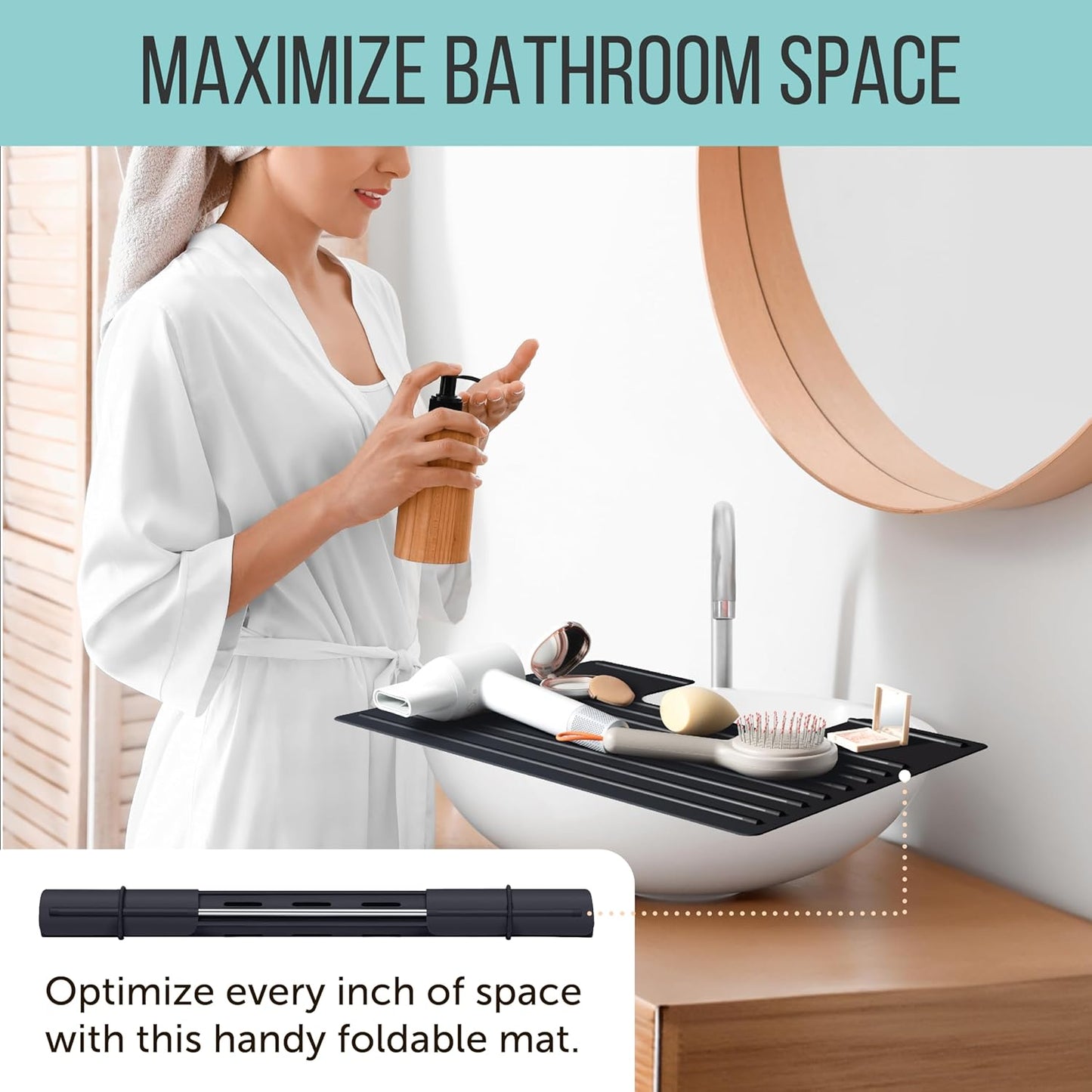 Maplefield Bathroom Sink Cover for Counter Space - 22 x 2 x 2 in Black Silicone - Heat Resistant Sink Cover up to 400°F & Foldable Design for Getting Ready - Makeup Mat with Ridges