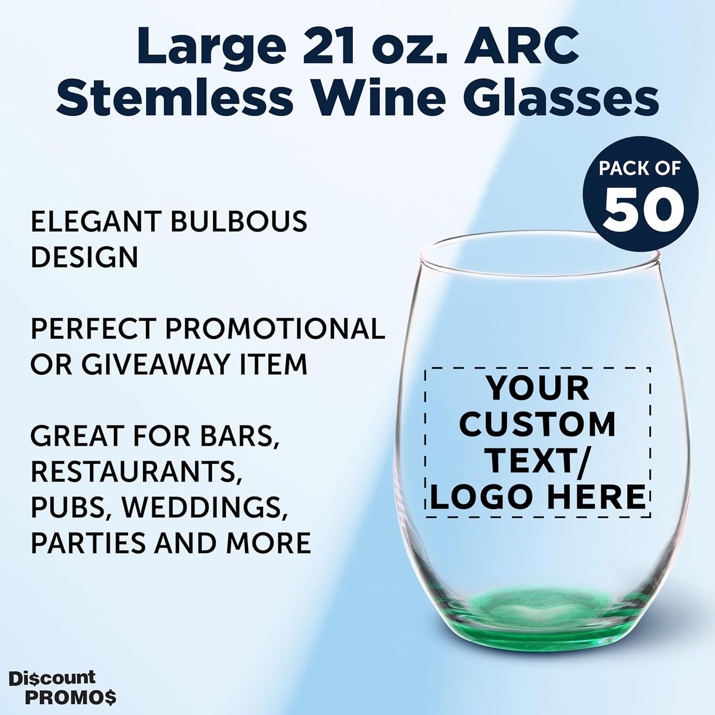 DISCOUNT PROMOS 50 ARC Stemless Wine Glasses Set, 21 oz. - Customizable Text, Logo - Chardonnay, Cabernet, Merlot, Sauvignon - Green