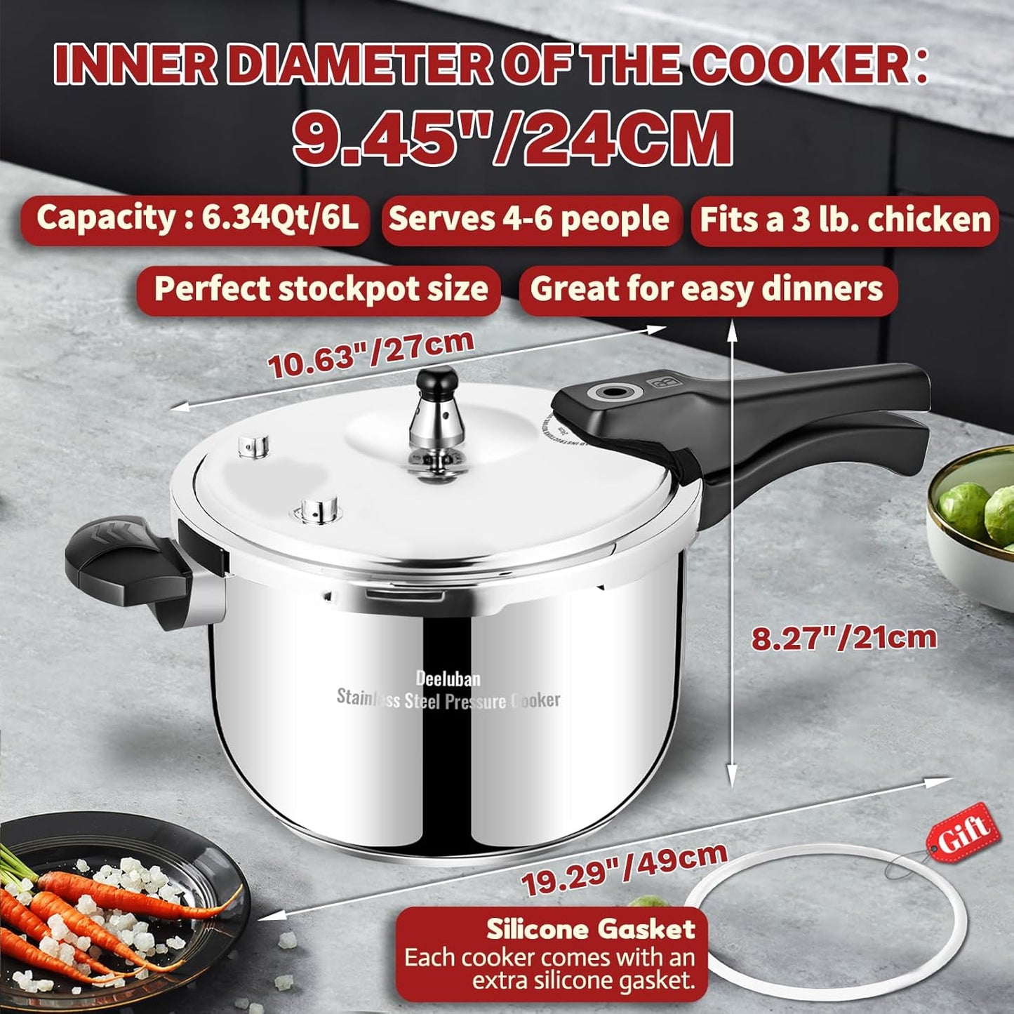 Stainless Steel Pressure Cooker 6.34 Quart, Heavy-Duty, Food-Grade, All Stovetop & Induction Compatible with Multi-Safety Lock System for Gas Electric Ceramic, Commercial Home Kitchen Use, Deeluban