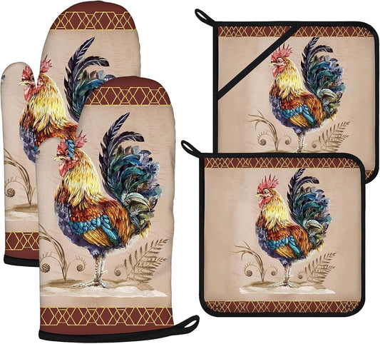 Rooster Oven Mitts and Pot Holders Sets 4Pcs,Extra Long Oven Gloves Potholder for Kitchen Cooking Baking BBQ 100% Cotton Heat Resistant