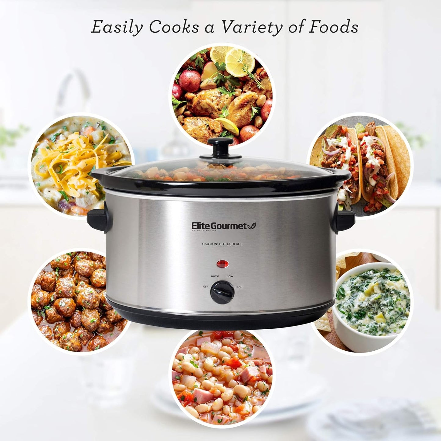 Elite Gourmet Stainless Steel Slow Cooker, Dishwasher-Safe with Tempered Glass Lid, Cool-Touch Handles, Removable Stoneware Pot, 8.5 Quart,MST-900V