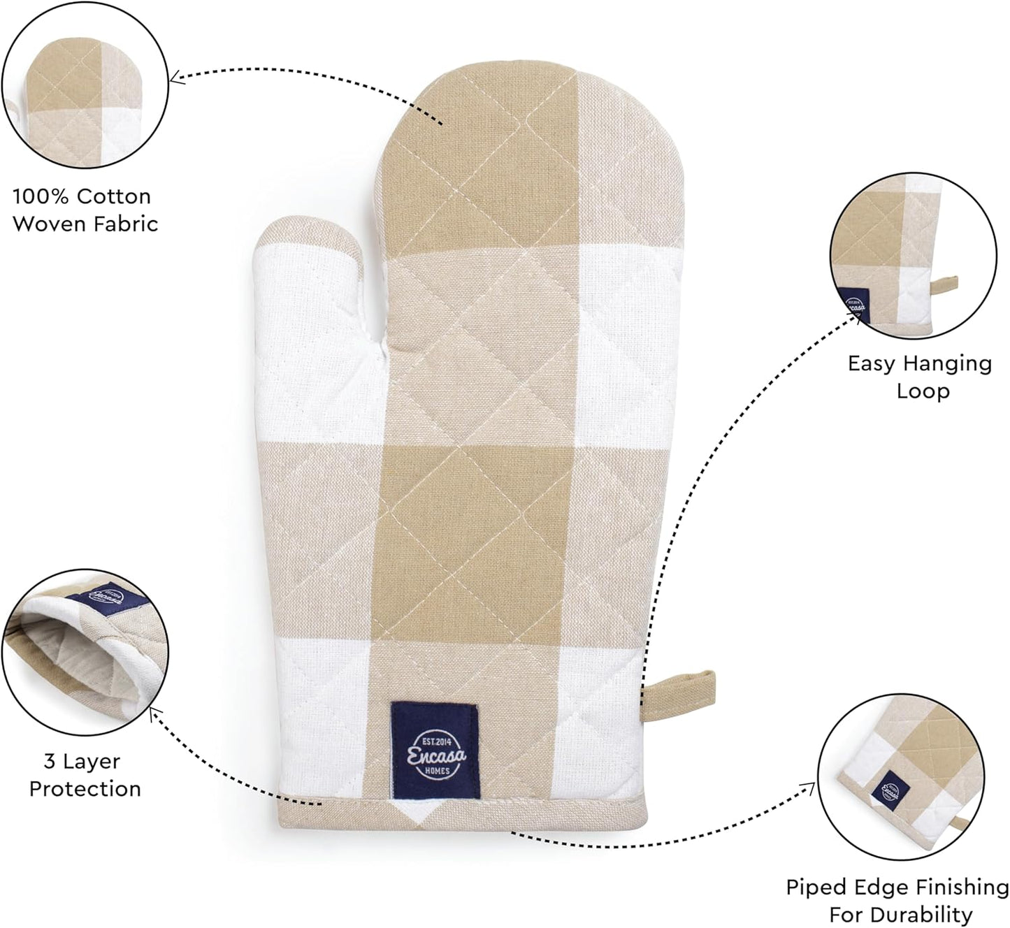 Encasa XO Long 12"x7" Oven Microwave Hand Gloves Mitts (2 pc Set) for Kitchen Cooking & Baking - Heat Resistant, Thick & Safe, Protection of Hands from Hot Utensils - Buffalo Beige Checks