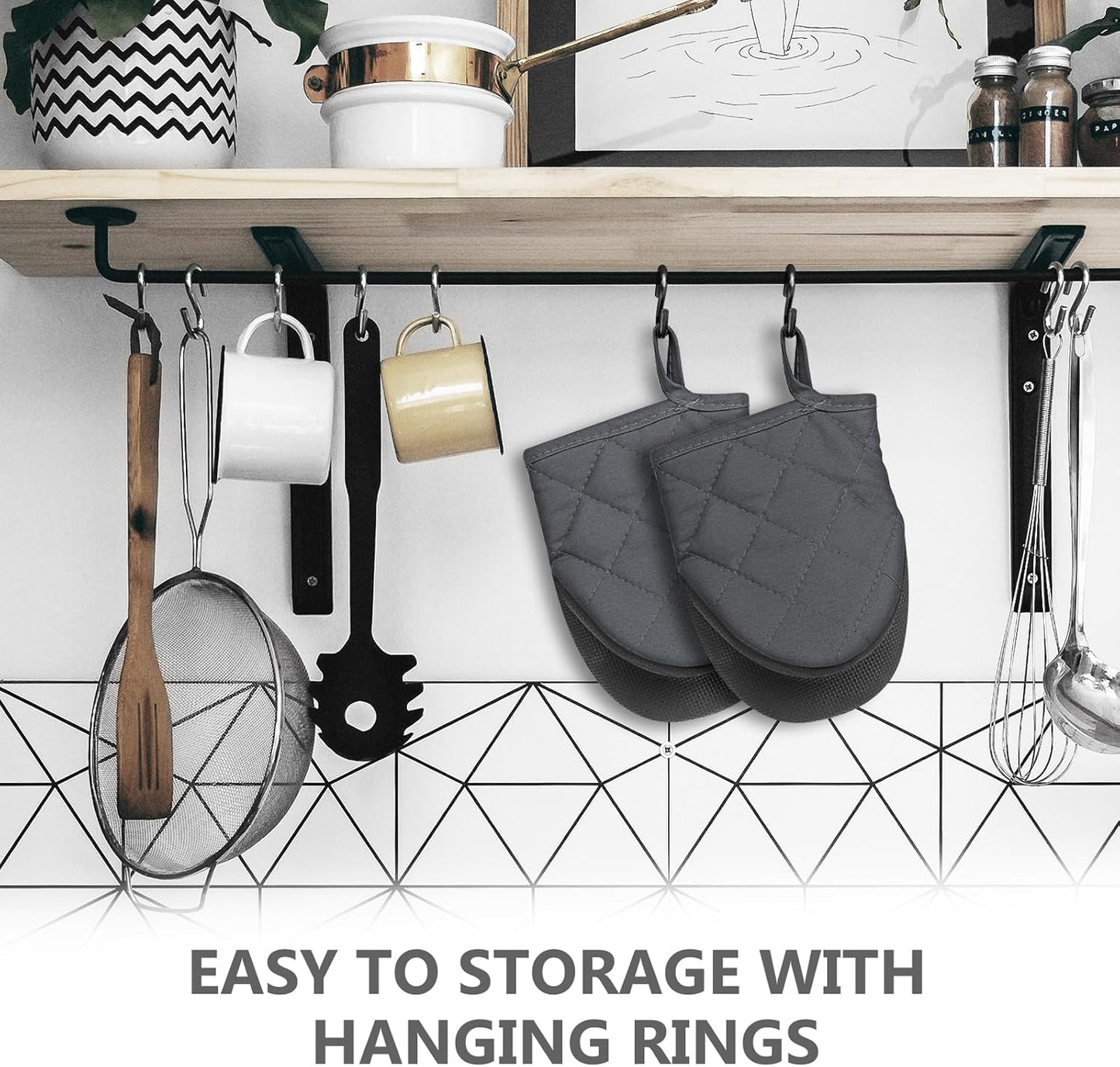 1 Pair Short Oven Mitts - Silicone Kitchen Oven Gloves High Heat Resistant 500℉, Mini Oven Mits with Non-Slip Grip Surfaces and Hanging Loop for BBQ, Baking, Cooking and Grilling (Solid Gray)