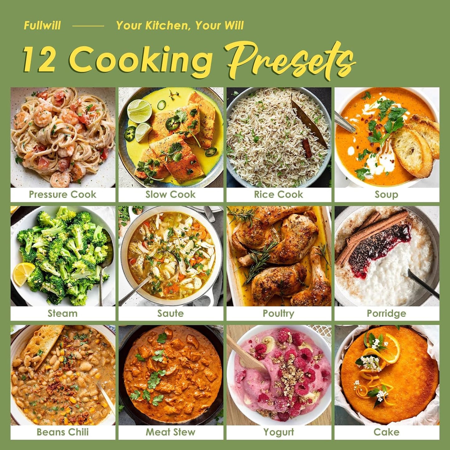 Fullwill 9-in-1 Electric Pressure Cooker, 12 Presets Instant Multi Cooker Olla de Presion Nonstick Pot 6 Quarts