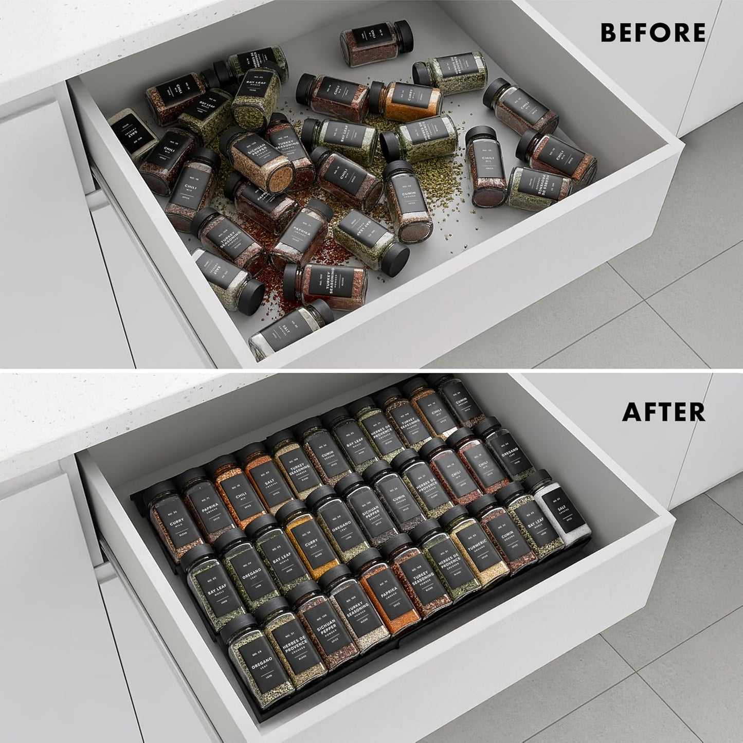 Spice Drawer Organizer - Expandable Spice Rack for Drawer, Black Seasoning Organizer for Drawer Spice Organizer, Spice Organization Seasoning rack insert for Cabinet (Jars Not Included)