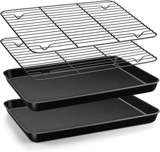 TeamFar Toaster Oven Pan with Rack, 12.5 x 9.7 x 1” Coated Carbon Steel Cookie Baking Pan Tray with Cooling Rack, for Baking/Roasting/Cooling, Healthy & Heavy-Duty, Non-Stick & Easy Clean