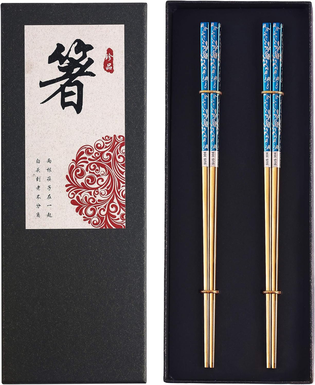 Metal Chopsticks Titanium Plated Stainless Steel Chopsticks Reusable Dishwasher safe Japanese Korean Chopstick lightweight Laser Engraved Anti-slip Chop sticks for Eating 2 Pairs Gift Set Blue Gold