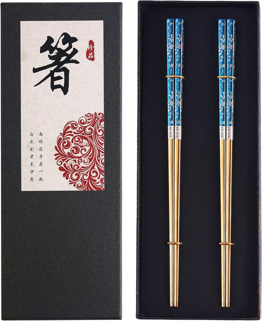 Metal Chopsticks Titanium Plated Stainless Steel Chopsticks Reusable Dishwasher safe Japanese Korean Chopstick lightweight Laser Engraved Anti-slip Chop sticks for Eating 2 Pairs Gift Set Blue Gold