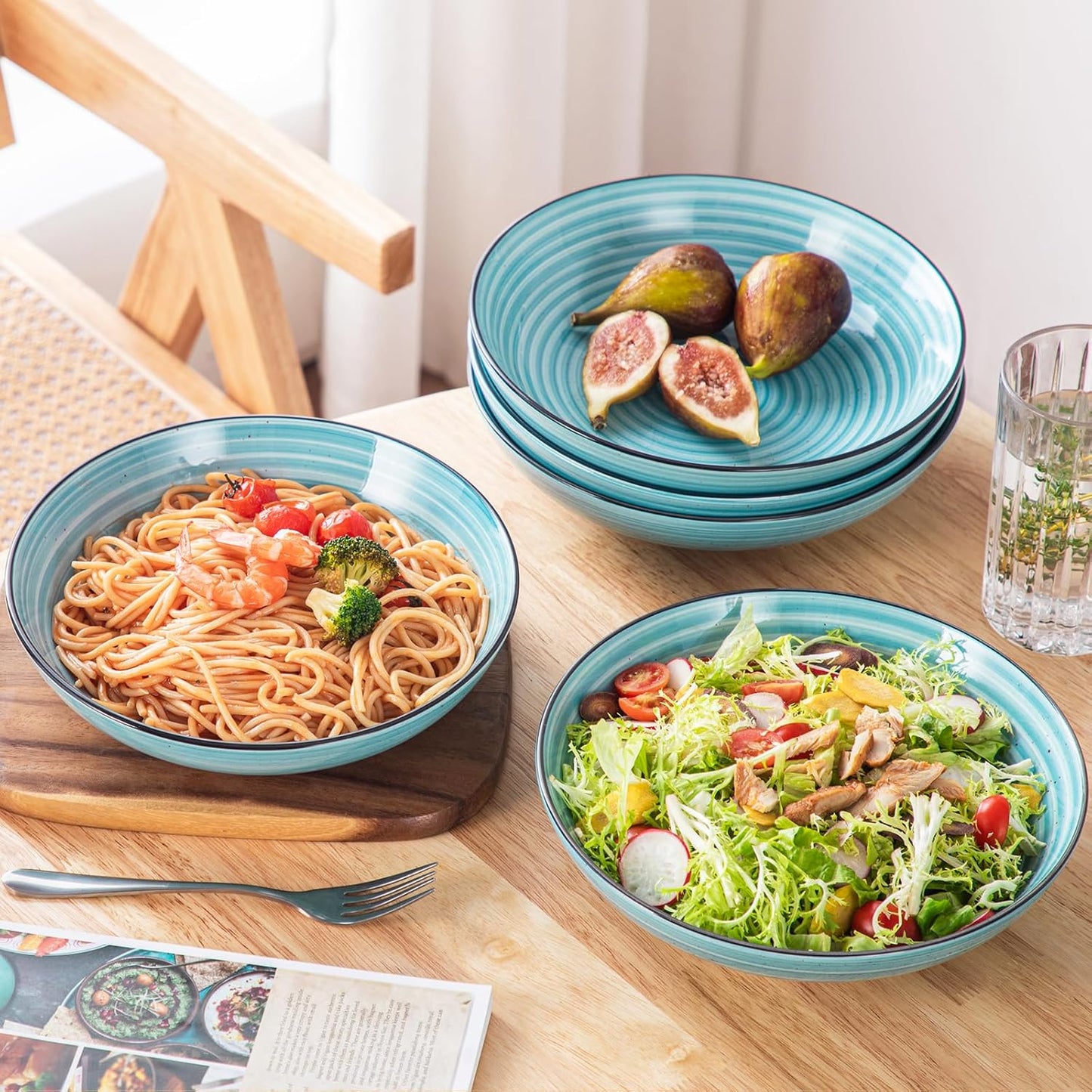 vancasso Bonbon Large Pasta Bowls Set of 6, 50 Oz Ceramic Salad Bowls, Wide and Shallow Bowls Set, Large Serving Bowls for Kitchen, Blue