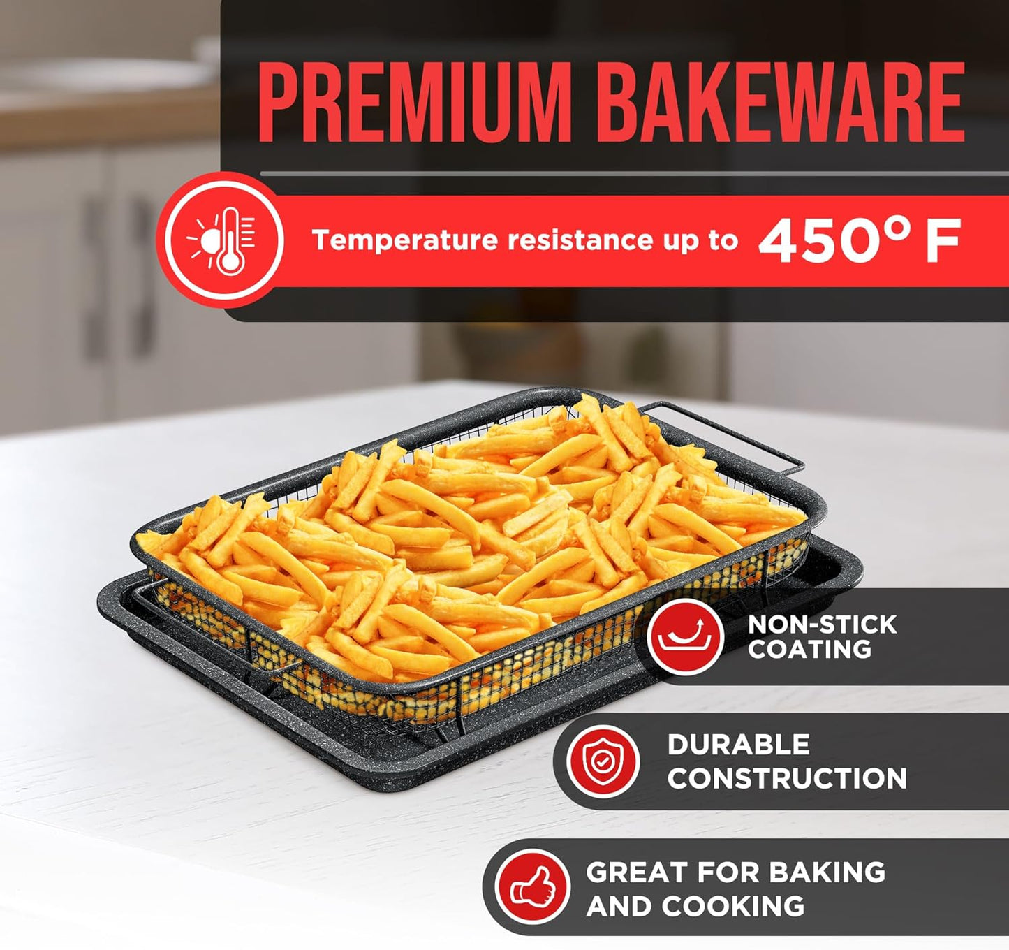Bakken Swiss Crisper Tray - 2-Piece Set – Gray Marble, Non-Stick Basket Design for Healthier Cooking in Regular Ovens - Achieve Perfectly Crispy Chips, Bacon and More
