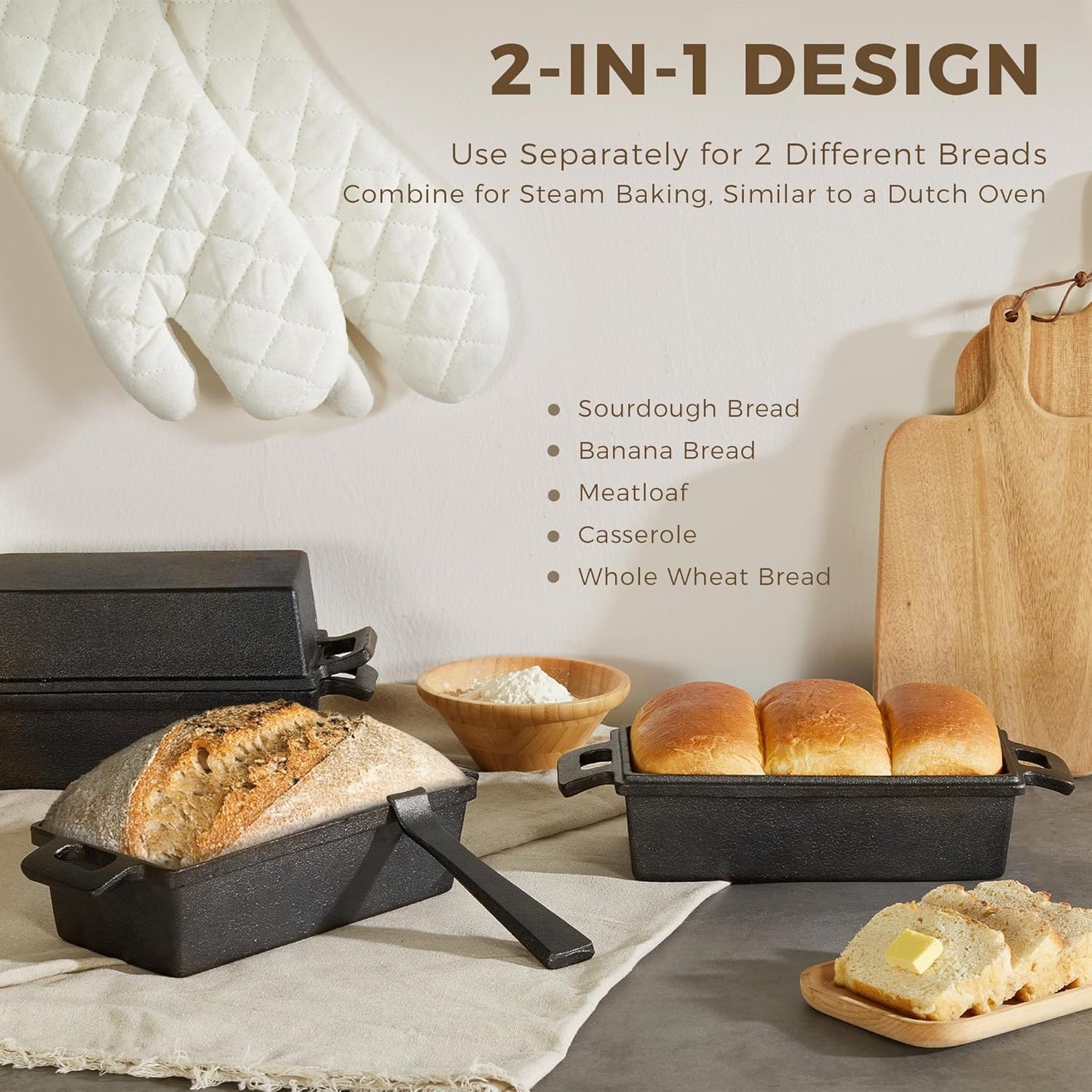 HONGBAKE 2 in 1 Cast Iron Bread Pan with Lid, Lid Lever, Long Oven Mitts, 9x5 Loaf Pans for Homemade Bread, Sourdough Baking Pan, Pre-Seasoned Nonstick Rectangular Dutch Oven, Banana Bread Tins