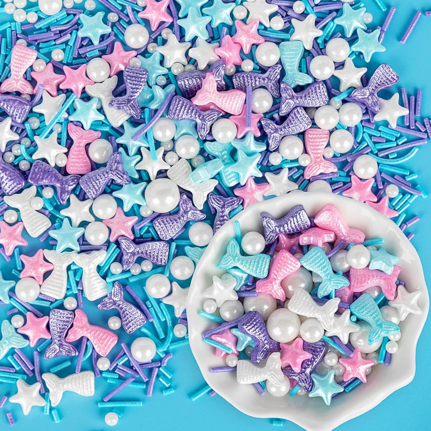 Mermaid Sprinkles,Edible Sugar Pearl Stars Jimmies Mix,130g/4.58oz,Pearl Candy Ocean Sprinkle for Cake Decorating,Summer Baking Fun Decorations,Perfect for Ice Cream,Cookies,Dessert,Donuts,Cupcake Topper,Birthday Children Party Supplies